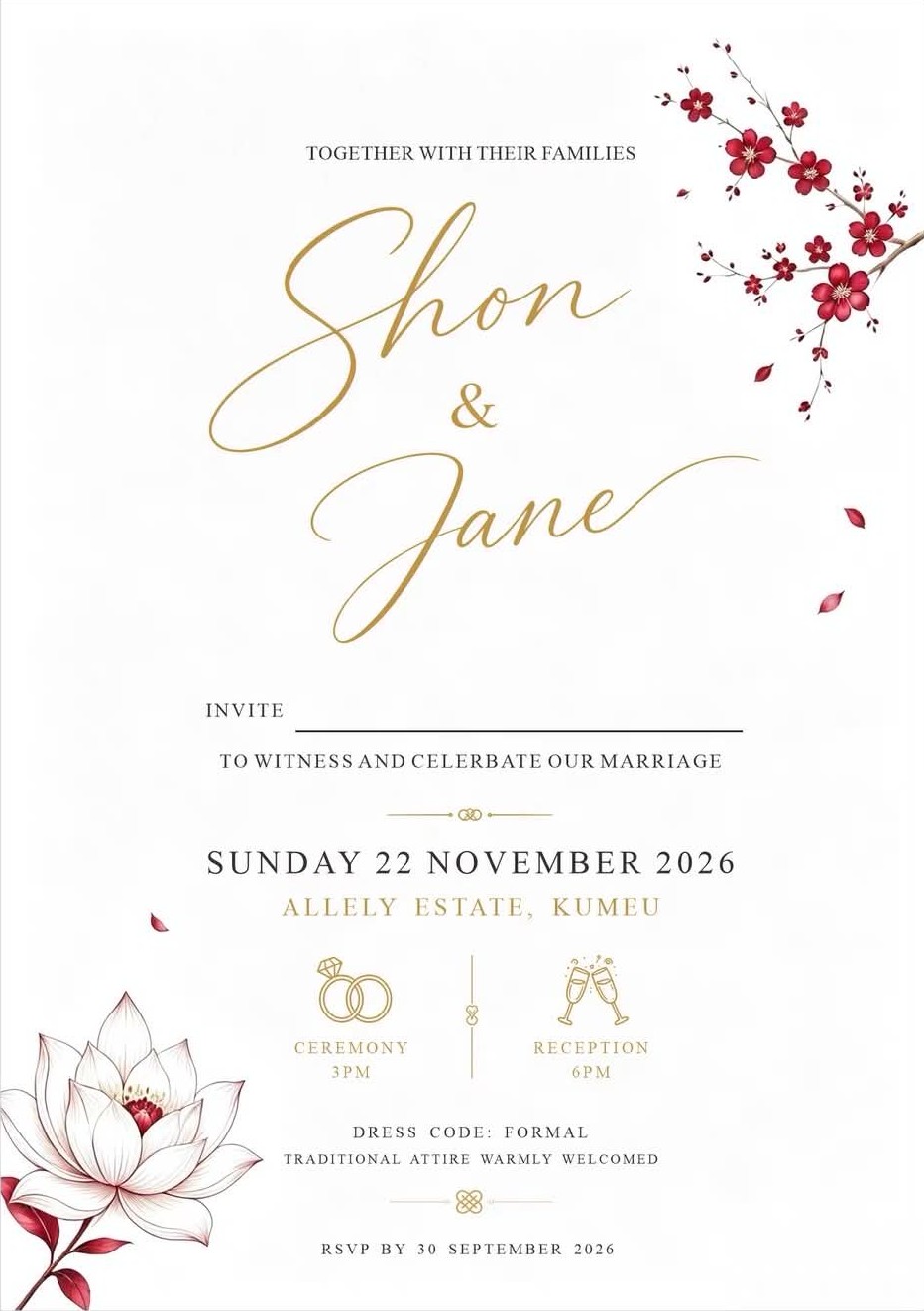Wedding invitation for Shon and Jane. Sunday 22 November 2026 at Allely Estate, Kumeu. Ceremony at 3 PM, Reception at 6 PM. Dress code: Formal. RSVP by 30 September 2026.